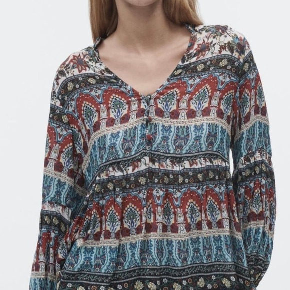 Zara Tops - Zara Printed Blouse with Embroidered Details Medium NWT